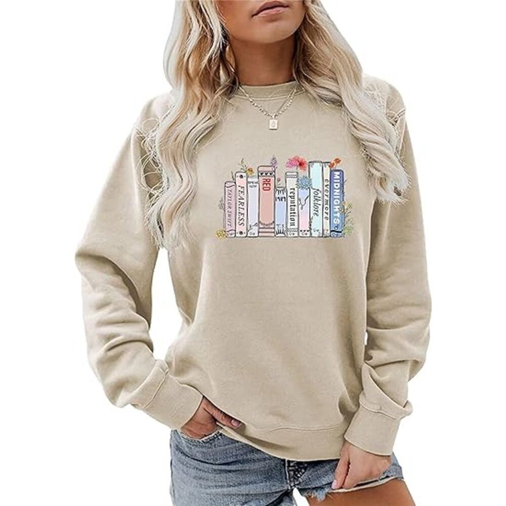 Y Curve Womens Taylor Swift Eras Album Books Graphic Sweatshirt Cream 1XL